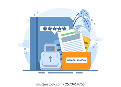 Patient medical records, information protection and privacy. Health care data and medical records. Health care protect patient medical records on clipboard. Flat vector illustration on background.