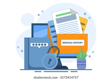 Patient medical records, information protection and privacy. Health care data and medical records. Health care protect patient medical records on clipboard. Flat vector illustration on background.