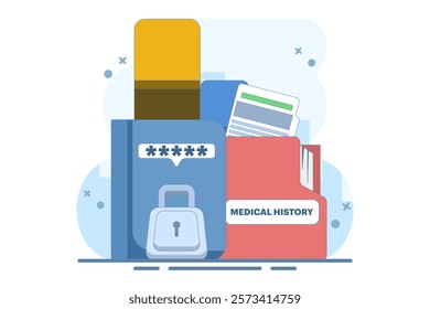 Patient medical records, information protection and privacy. Health care data and medical records. Health care protect patient medical records on clipboard. Flat vector illustration on background.