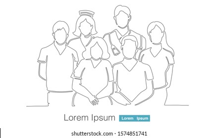 patient with medical and rehabilitation staff team. one continuous line drawing vector illustration on white background