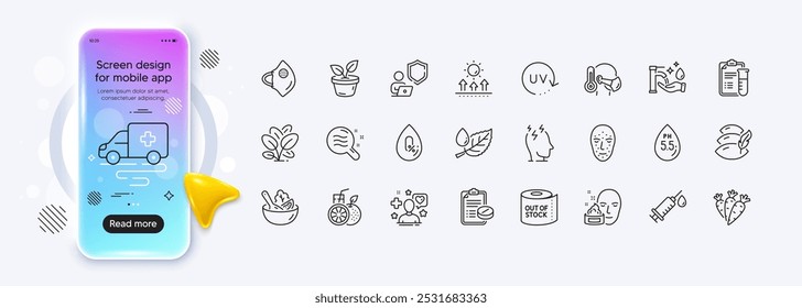 Paciente, jeringuilla médica e iconos de línea de protección Uv para el App del Web. Pantalla de degradado de maqueta de teléfono. Paquete de iconos de pictograma de almohada, sin alcohol, rocío de hojas. Vector