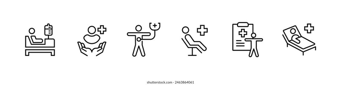 patient medical treatment icon set health care people sick illness on bed hospital patient care vector line illustration