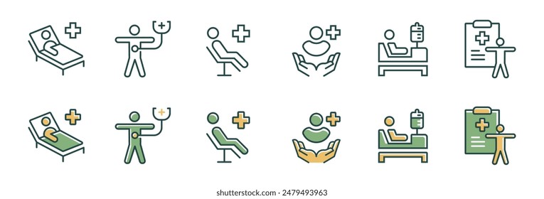 icono de tratamiento médico del paciente conjunto de Vectores de personas servicio de chequeos de diagnóstico de salud en el dormitorio del hospital signos ilustración para Web y App