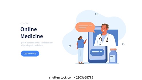 Patient meeting with doctor online, having consultation and receiving digital prescription. Telemedicine and e-health concept. Vector illustration.