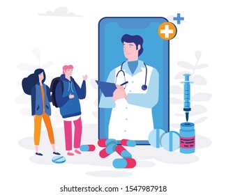 Patient meeting a family doctor online using a smartphone app technology, Vector illustration.for web banner, infographics, mobile website. online medical consultation, 