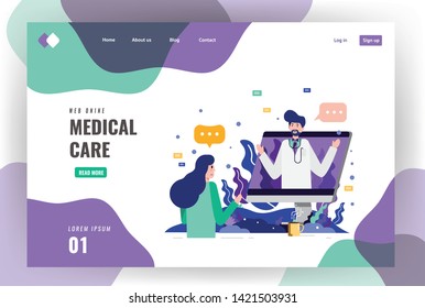 Patient meeting a professional doctor on computer desktop, online medical consultation concept. Website landing page template. vector illustration