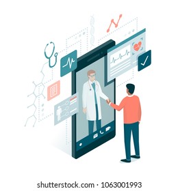 Patient meeting a professional doctor online on a smartphone and shaking hands, online medical consultation concept