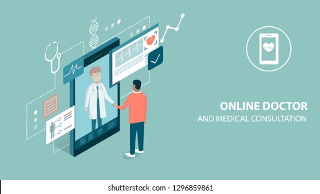 Patient meeting a professional doctor online on a smartphone and shaking hands, online medical consultation concept