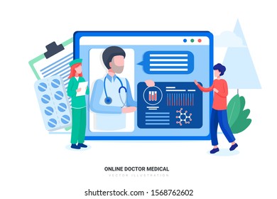 Patient meeting a professional doctor online on a laptop. Can use for web banner, infographics, hero images. Flat style color modern vector illustration.