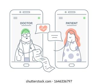 Patient meeting with a professional doctor online via a smartphone. Online medical consultation, doctor appointment concept. Flat line clean vector illustration on white for medical landing page, app