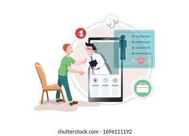 Patient meeting a professional doctor online on a smartphone and shaking hands, online medical consultation concept