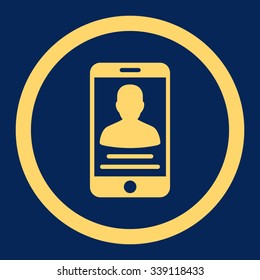 Patient Mobile Account vector icon. Style is flat rounded symbol, yellow color, rounded angles, blue background.