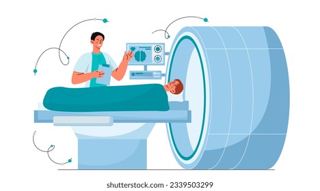 Patient at MRI concept. Man in medical uniform checks head of young guy. Doctor neurologist makes diagnosis. Health care and treatment. Cartoon flat vector illustration isolated on white background