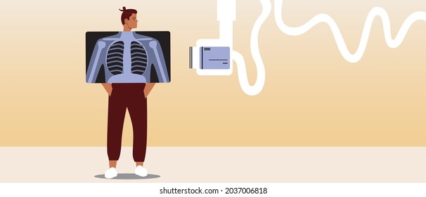 Paciente con RM. Ilustración de material vectorial plano. Máquina de resonancia magnética o tomógrafo informático. Examen de los pulmones del paciente. CT para bronquitis. Examen médico. Gráficos vectoriales