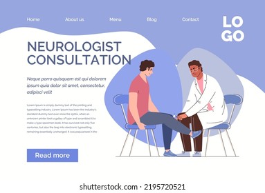 Patient at neurologist's appointment. Doctor taps with neurological hammer on knee of seated man. Isolated on white background. Vector characters flat cartoon illustration. Web template, landing page.