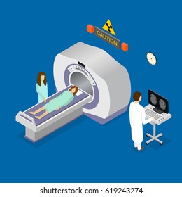 Patient, Nurse and Doctor Diagnostic Scanner Tomography Isometric View. Interior of Clinic. Vector illustration