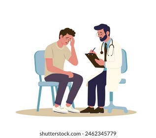 Patient in the doctor’s office. Doctor consultation. Man with headache visit diagnosis. Vector flat cartoon illustration. 