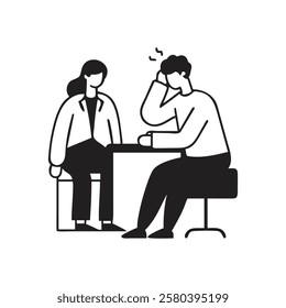 Patient in the doctor’s office. Doctor consultation. Man with headache visit diagnosis. Vector flat cartoon illustration