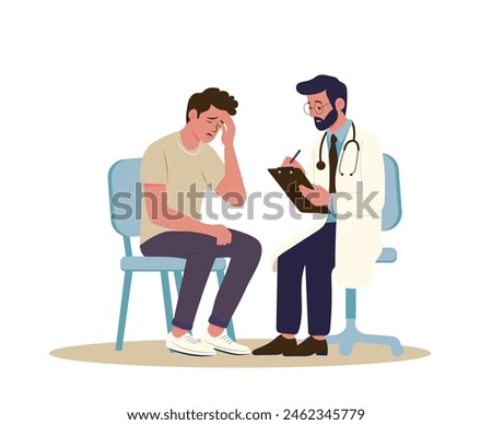 Patient in the doctor’s office. Doctor consultation. Man with headache visit diagnosis. Vector flat cartoon illustration. 