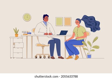 Patient in doctor’s office. Therapist consultation. Visit. Modern clinic. Diagnosis. Physician's advice. Vector flat cartoon illustration.