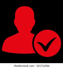 Patient Ok vector icon. Style is flat symbol, red color, rounded angles, black background.