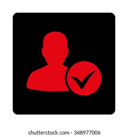 Patient Ok vector icon. Style is flat rounded square button, intensive red and black colors, white background.