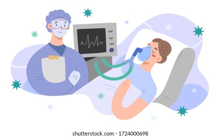 Patient on alv with doctor, vector characters, woman on artificial lung ventilation in intensive care unit, infected by covid infection in hospital, intubated in hospital