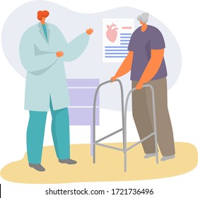 Patient on doctor appointment vector illustration. Cartoon flat senior character visiting cardiologist, old man on medical diagnostic consultation in hospital, elderly healthcare isolated on white