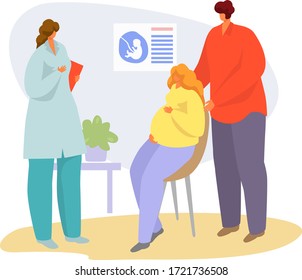 Patient on doctor appointment vector illustration. Cartoon flat couple people on medical examination, pregnant woman talking with physician in hospital. Pregnancy medicine healthcare isolated on white