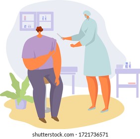 Indicación vectorial de cita médica. Enfermera plana de caricatura mujer con mascarilla haciendo para hombre una inyección médica con jeringa en la mano, vacuna de la gripe, procedimiento hospitalario aislado en blanco