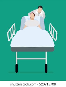 The patient on a gurney. The nurse takes the patient on a gurney to the doctor for surgery. Hospital. Flat illustration. 