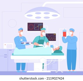 Patient on operating table. Cartoon operation theater under surgical lamp hospital, medical anesthesia, team surgeons with scalpel on plastic surgerty, vector illustration. Table operating room