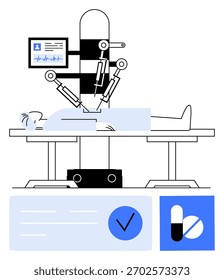 Paciente em mesa operatória sob braços cirúrgicos robóticos com monitor médico exibindo sinais vitais e dados. Ideal para serviços de saúde, tecnologia, inovação, atendimento ao paciente, cirurgia, equipamento médico