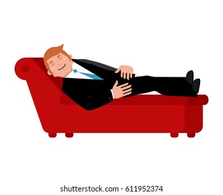 Patient on psychologists couch is isolated. Relaxed businessman lies. Consultation of psychotherapist
