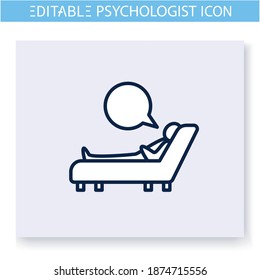 Patient on psychotherapist couch line icon. Psychotherapeutic session. Man describes own problem. Psychotherapy. Mental health care and treatment concept. Isolated vector illustration.Editable stroke 