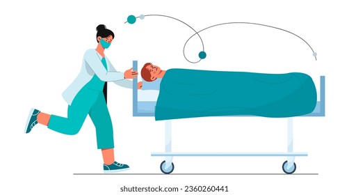 Patient on stretcher concept. Woman in medical uniform with man at bad at wheels. Emergency, patient in hospital. Healthcare and medicine. Cartoon flat vector illustration isolated on white background