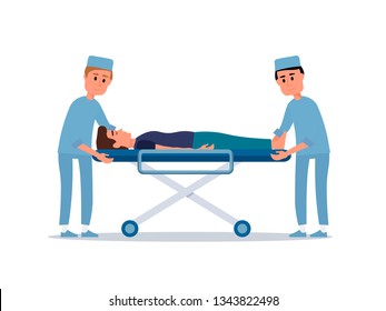 Patient on stretcher flat vector illustration. Emergency doctors helping unconscious man. Paramedics in uniforms cartoon characters. Seriously injured person. Ambulance, first aid. Hospital staff