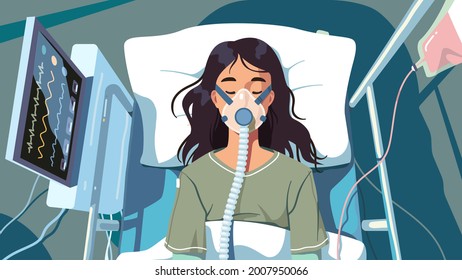 Patient on ventilator life-support wearing oxygen mask laying on hospital bed. Intensive care unit COVID disease lung treatment. Unconscious person with corona virus pneumonia flat vector illustration