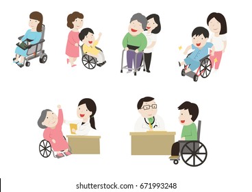 patient on wheelchair have activities with family member doctor and medical staff cartoon flat character design set