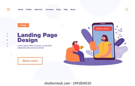 Patient at online therapy session. Female character on huge phone screen, woman taking notes flat vector illustration. Online therapy, mental health concept for banner, website design or landing page