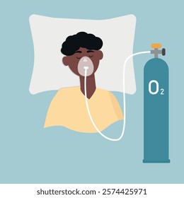 Patient with oxygen cylinder. Therapy in flat design. Diseases of the lungs or respiratory system. A young guy has breathing problems.