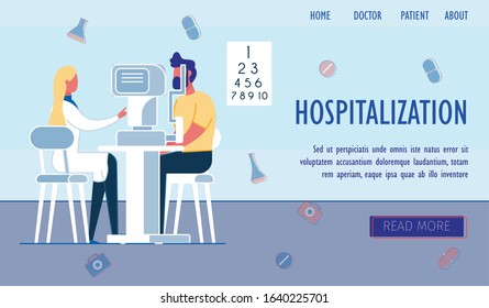 Patient Passing Exam or Checkup before Hospitalization. People - Doctor and Sick Person in Hospital. Preliminary Examination for Patients Admitted to Inpatient Treatment. Flat Vector Illustration.