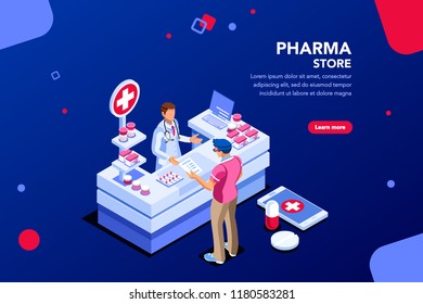 Patient And Pharmacist Doctor Infographic, Healthy Recipe Element, Medicament For Aid, Professional Medication. Computer And Pills Banner. Images Of Client At Shop. Flat Isometric Vector Illustration.