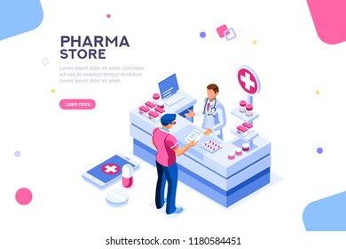 Patient and pharmacist doctor infographic, healthy recipe element, medicament for aid, professional medication. Computer and pills banner. Images of client at shop. Flat isometric Vector illustration.