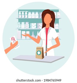 Patient in  pharmacy receives, buys  package of medicines with doctor's prescription. Pharmacist dispenses tablets in RX form. Vector color illustration of  pharmacy item.