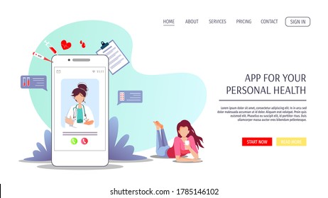 Patient and phone with doctor on the screen. Medical consultation, Online doctor, Tele medicine, Medicine clinic and health care concept. Vector illustration for poster, banner, website, presentation.