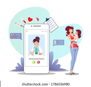 Patient and phone with doctor on the screen. Medical consultation, Online doctor, Tele medicine, Medicine clinic and health care concept. Isolated vector illustration for poster, banner, flyer.