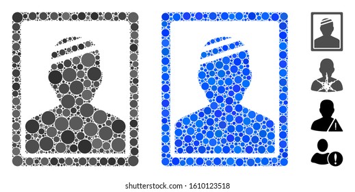 Patient photo mosaic of circle elements in variable sizes and color tones, based on patient photo icon. Vector round elements are organized into blue mosaic.
