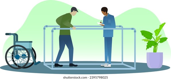 Patient and physical therapist in rehabilitation walking exercises vector illustration, rehabilitation center concept, Male patient in recovery doing exercises