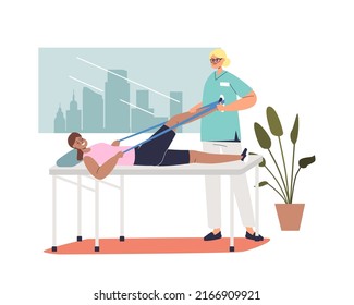 Patient at physical therapy rehabilitation with physiotherapist. Woman exercise with elastic band after leg injury. Physiotherapy rehab with ribbon. Medical treatment. Cartoon flat vector illustration